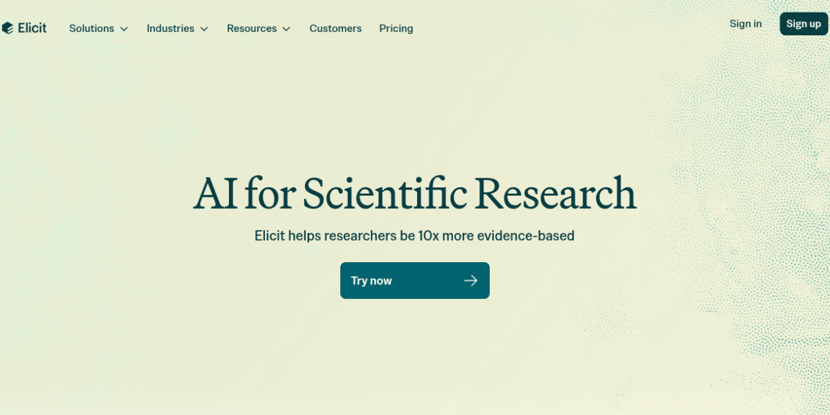 Elicit AI research assistant showing semantic search results with structured data extraction table and systematic review workflow interface
