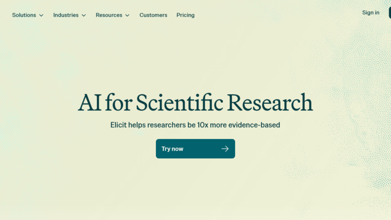 Elicit AI research assistant showing semantic search results with structured data extraction table and systematic review workflow interface