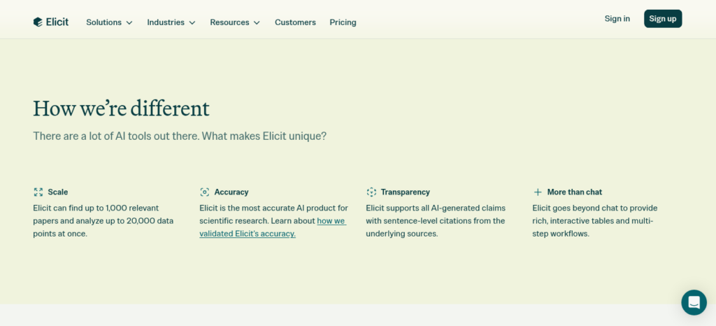 Elicit AI research assistant showing semantic search results with structured data extraction table and systematic review workflow interface