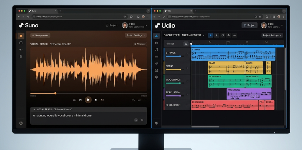 Suno vs Udio AI music generator comparison showing vocal editing and orchestral composition interfaces side by side