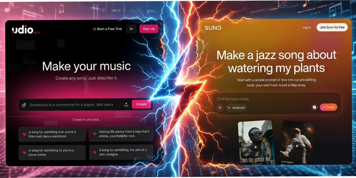 Suno vs Udio AI music generator comparison showing vocal editing and orchestral composition interfaces side by side