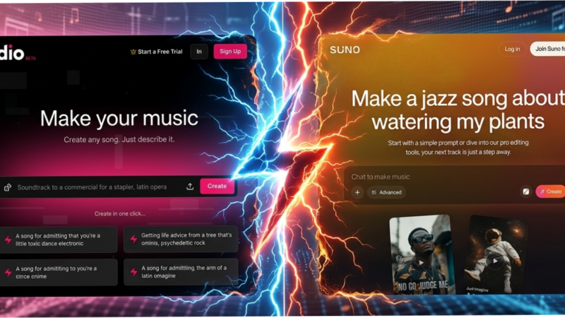 Suno vs Udio AI music generator comparison showing vocal editing and orchestral composition interfaces side by side