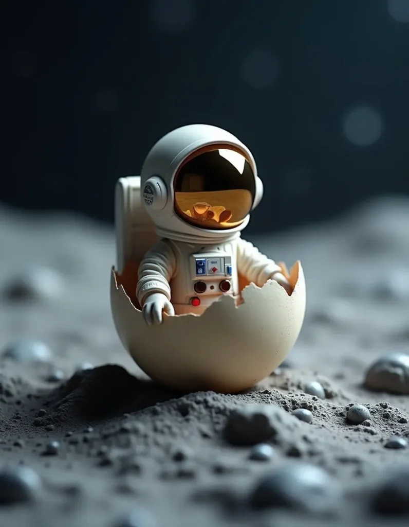 a tiny astronaut hatching from an egg on the moon
