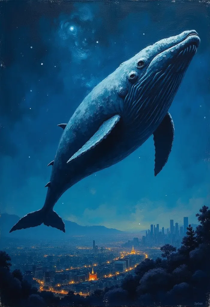 thick splotchy oil painting with brush strokes of a large whale floating gently in the night sky high above a city