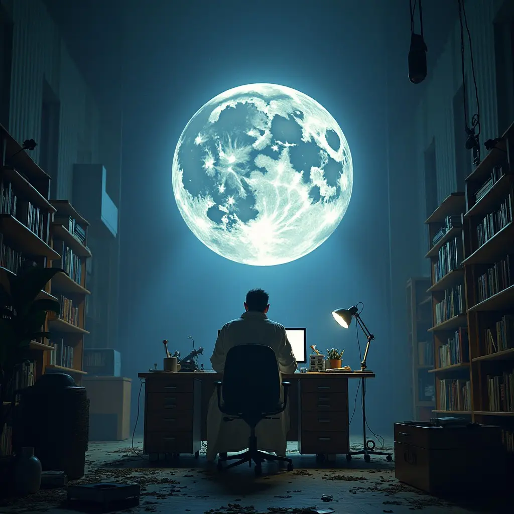 a mad scientist building a massive huge unbelievable queue that reaches from the office desk all the way into space where it touches the moon
