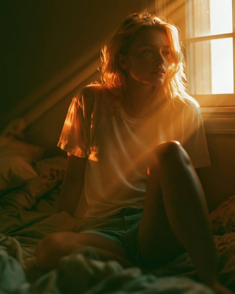 Bedroom scene in warm late-afternoon sunlight