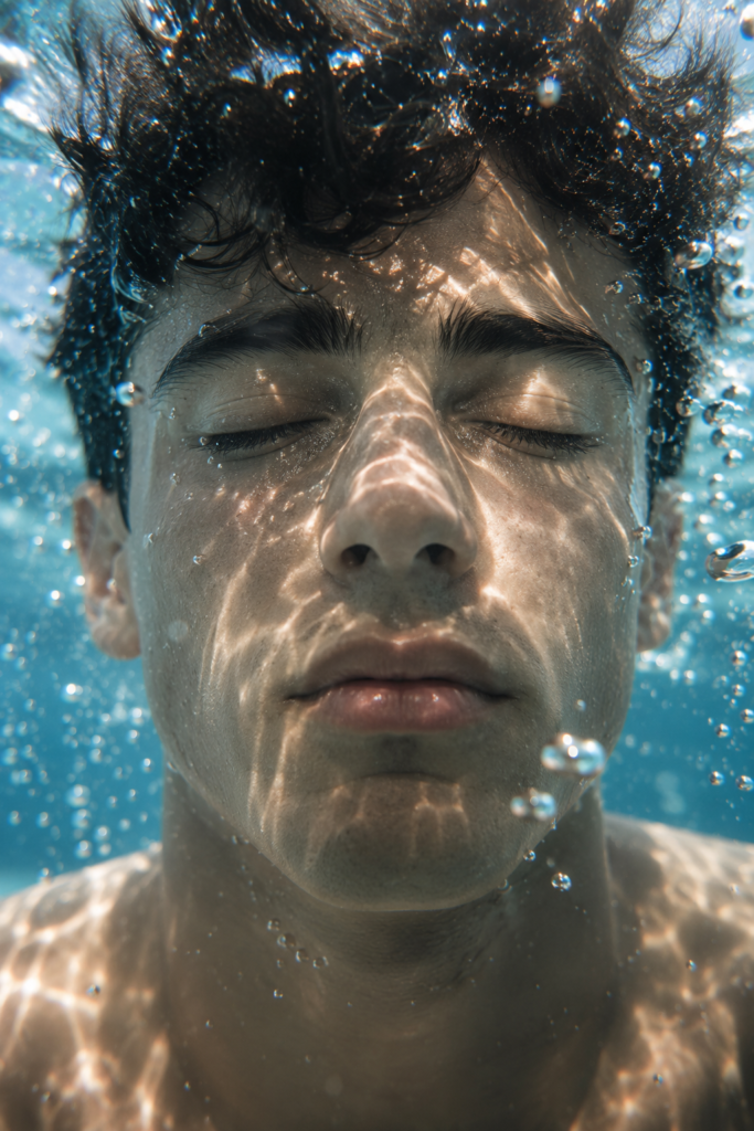 A close-up underwater portrait