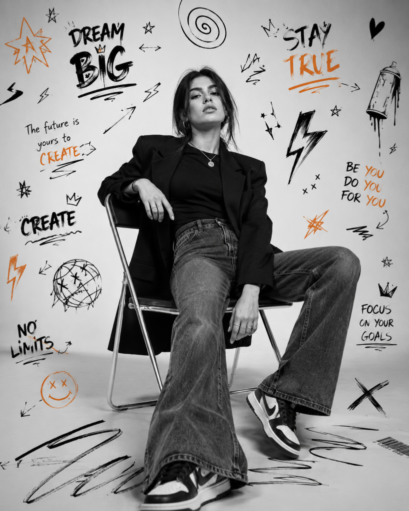 A confident woman sitting casually on a modern folding chair