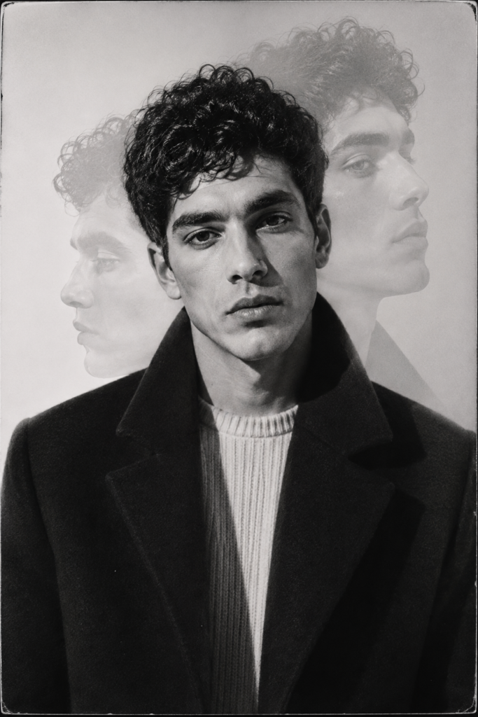 Black and white double-exposure fashion portrait