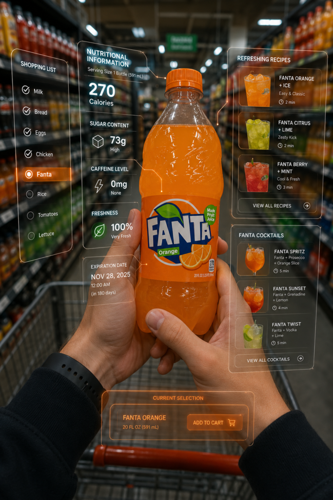 A bottle of Fanta soda with holographic nutritional data