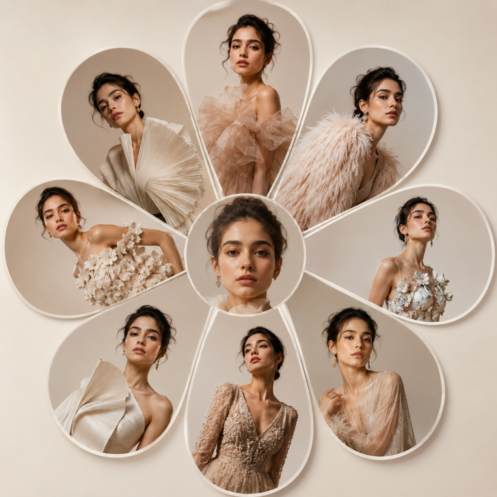 A high-fashion editorial composition
