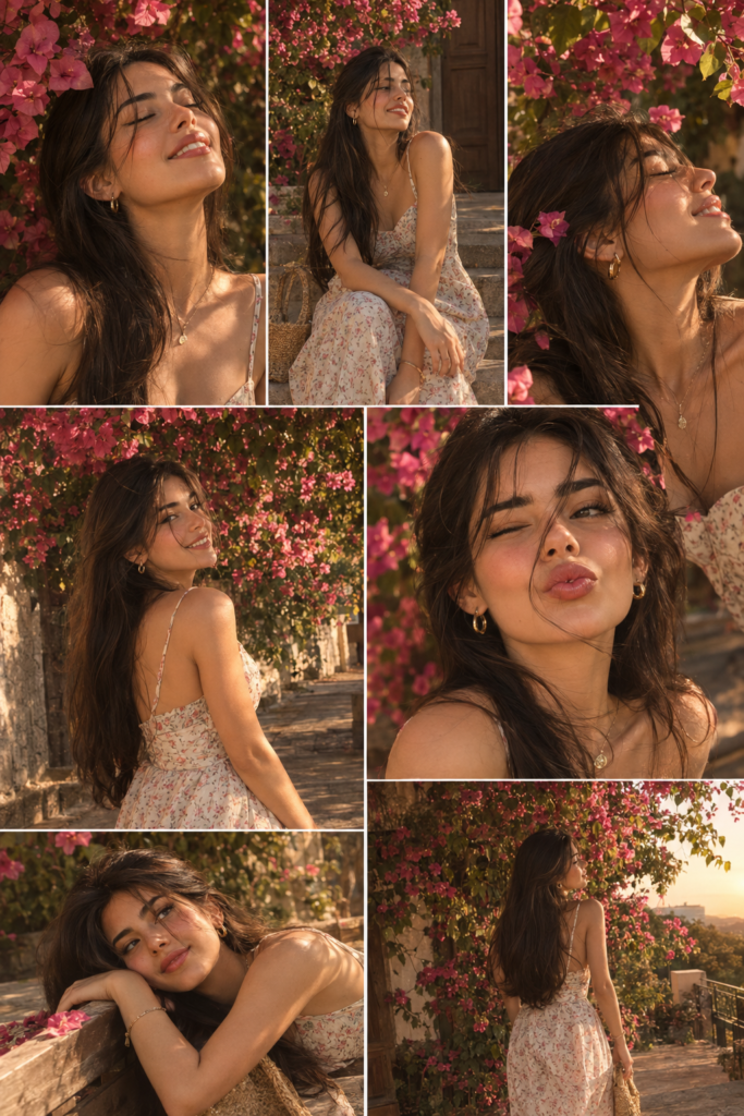 Photo collage of the same beautiful young woman