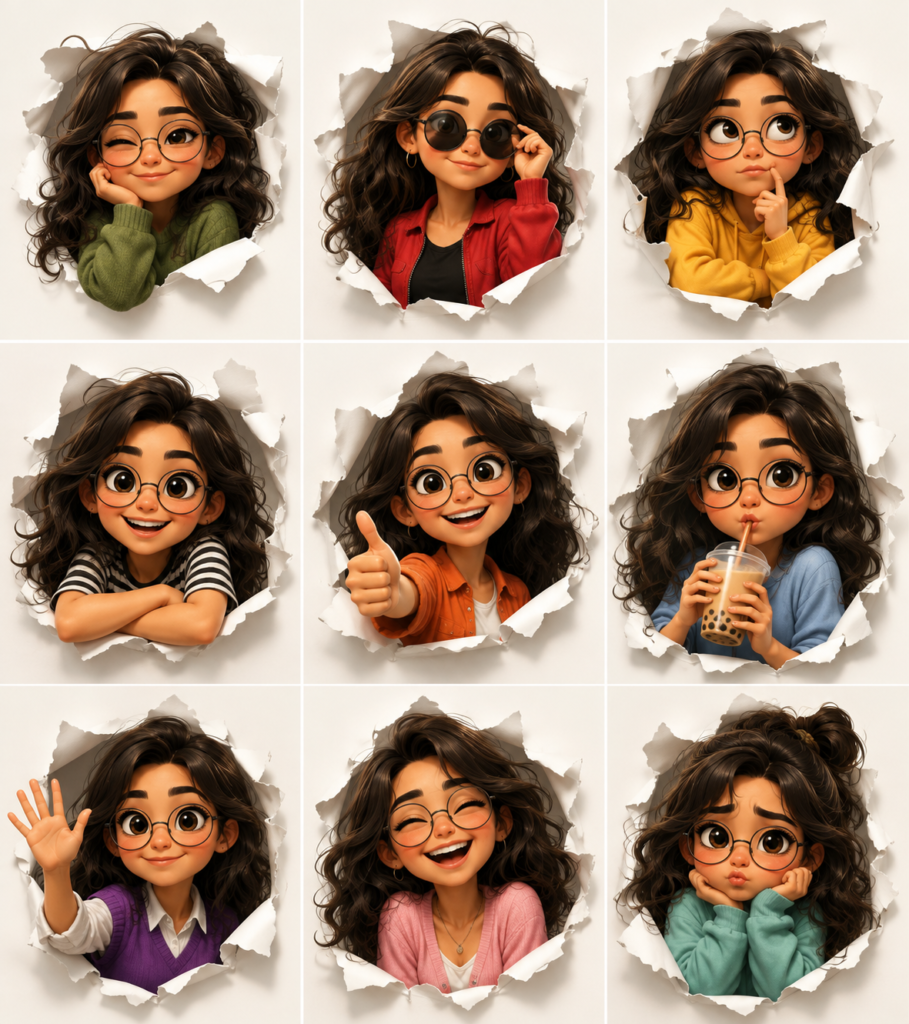 3D Pixar-style expression sheet
