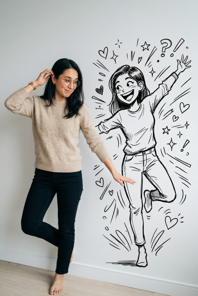A woman standing beside a doodle-shadow version of herself sketched