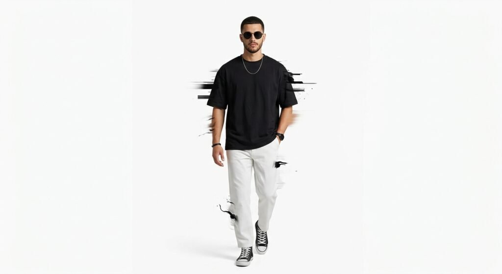 A fashion portrait of a man walking confidently toward the camera