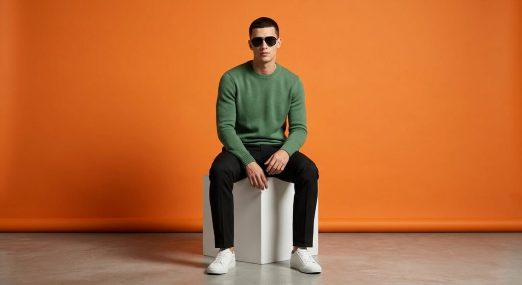A stylish male model sitting on a white cube