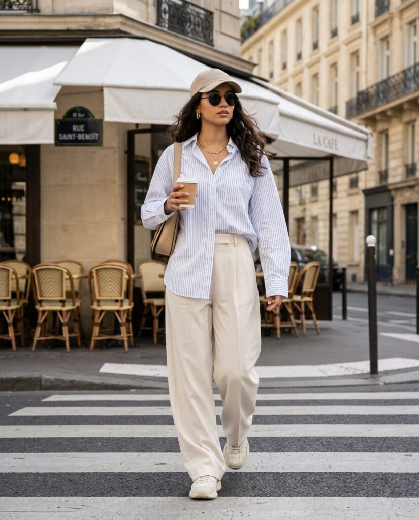 A fashionable young woman walking confidently