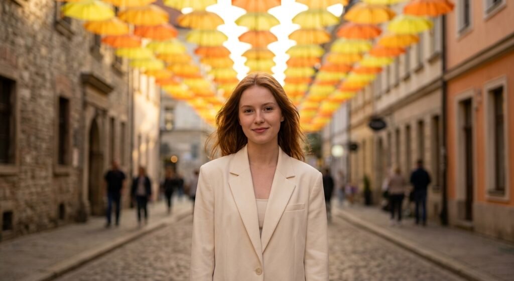 A young woman standing in a charming European street