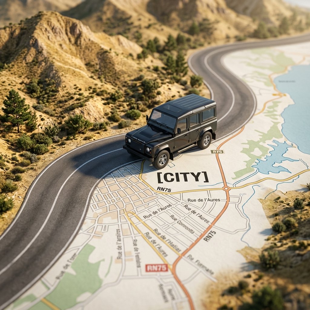 close-up scene of a miniature car driving into a printed paper map