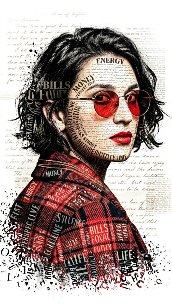 A striking typographic portrait of a young woman