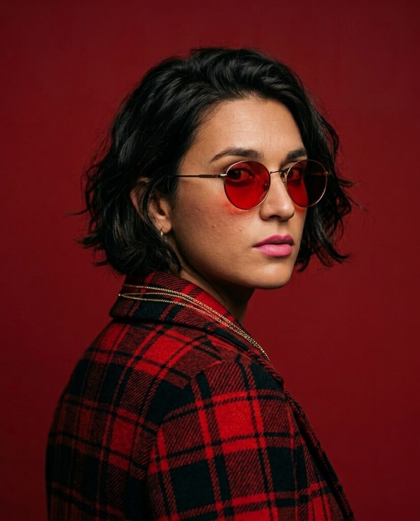 A fashion editorial portrait of a young woman