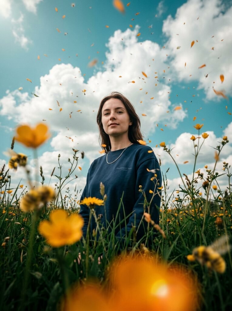 A model in a wild plants and flowers