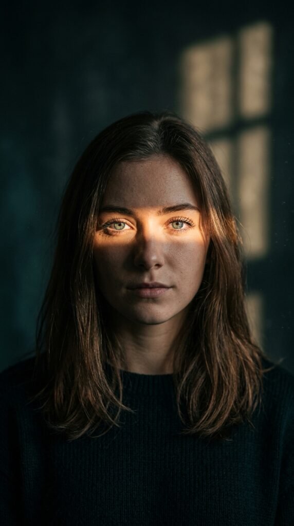 A cinematic portrait of a young woman with soft brown hair