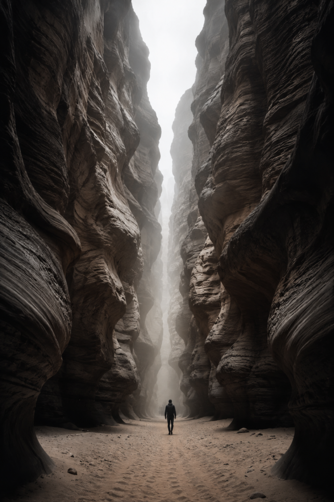 A lone human figure walking through a vast narrow canyon corridor