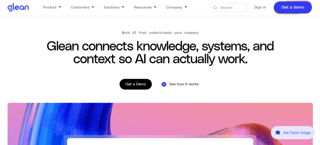 Glean AI enterprise search platform showing permission-aware search results across Slack, Jira, and Salesforce with AI assistant sidebar