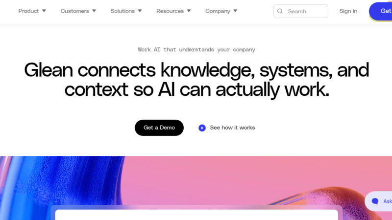 Glean AI enterprise search platform showing permission-aware search results across Slack, Jira, and Salesforce with AI assistant sidebar