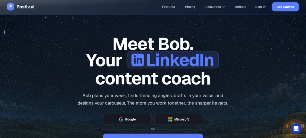 Postiv AI LinkedIn content platform showing AI agent Bob, weekly content planner, carousel builder, and analytics dashboard