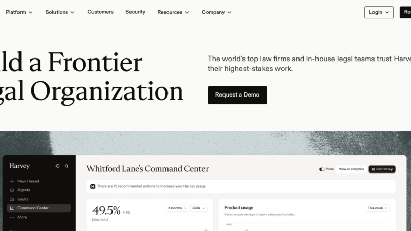 Harvey AI legal assistant showing contract analysis, citation verification, and legal research dashboard for law firms