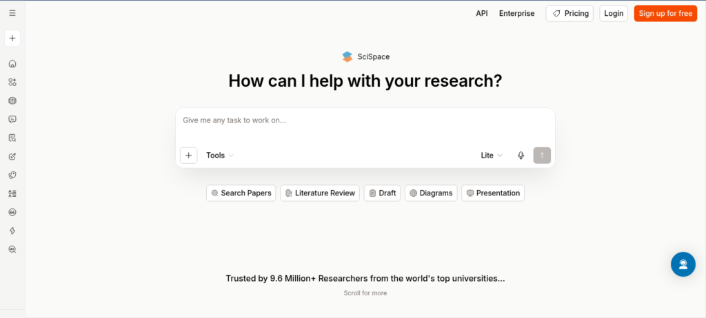 SciSpace AI research assistant showing PDF chat interface, literature review panel, and citation generator with Deep Review search