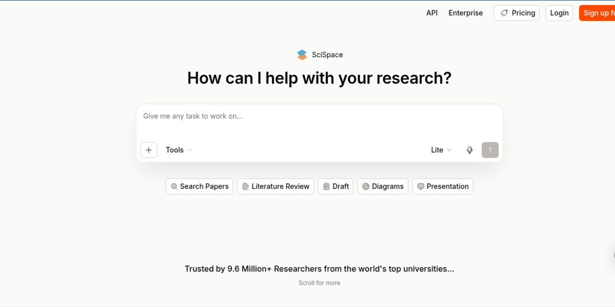 SciSpace AI research assistant showing PDF chat interface, literature review panel, and citation generator with Deep Review search
