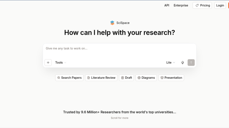 SciSpace AI research assistant showing PDF chat interface, literature review panel, and citation generator with Deep Review search