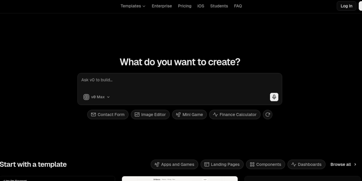 v0 by Vercel AI UI generator showing prompt-to-React component creation, live preview, and shadcn/ui code output for developers
