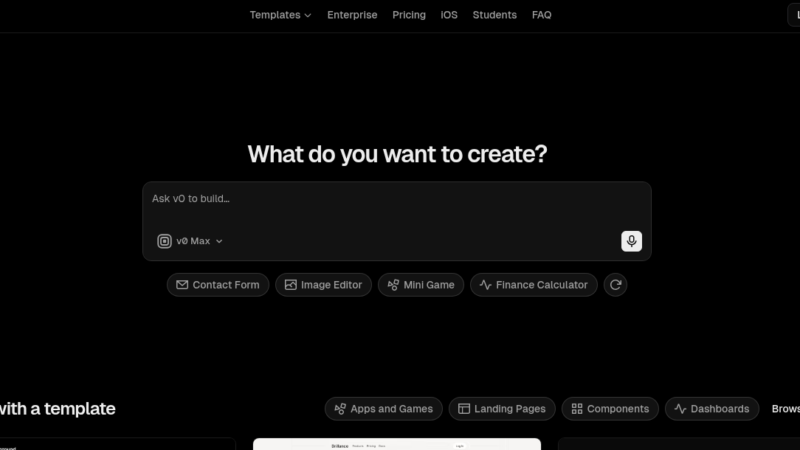 v0 by Vercel AI UI generator showing prompt-to-React component creation, live preview, and shadcn/ui code output for developers