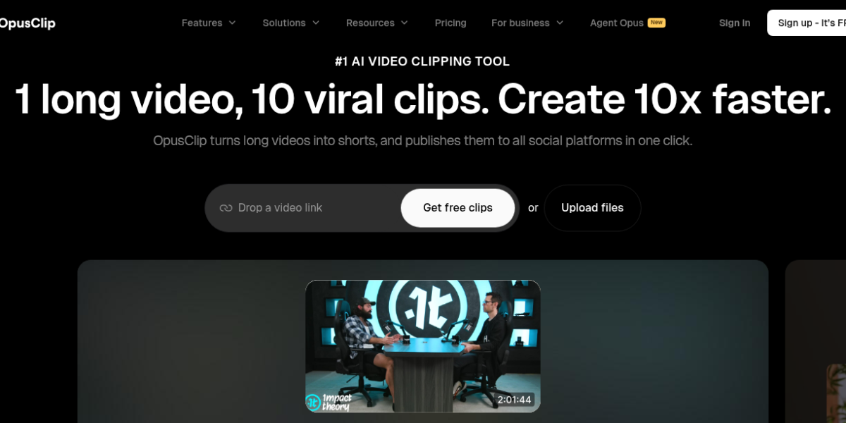 OpusClip AI video repurposing platform showing clip extraction, auto-captions, and social media scheduling dashboard for content creators