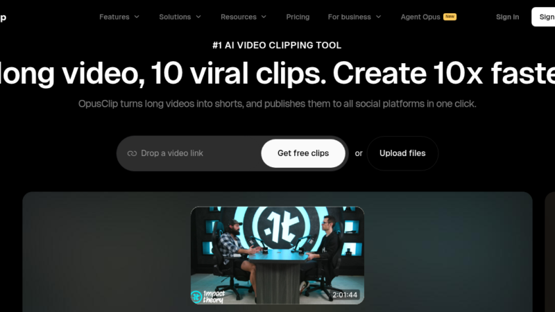 OpusClip AI video repurposing platform showing clip extraction, auto-captions, and social media scheduling dashboard for content creators