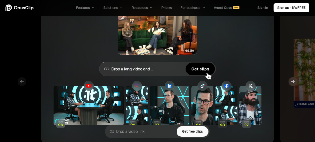 OpusClip AI video repurposing platform showing clip extraction, auto-captions, and social media scheduling dashboard for content creators