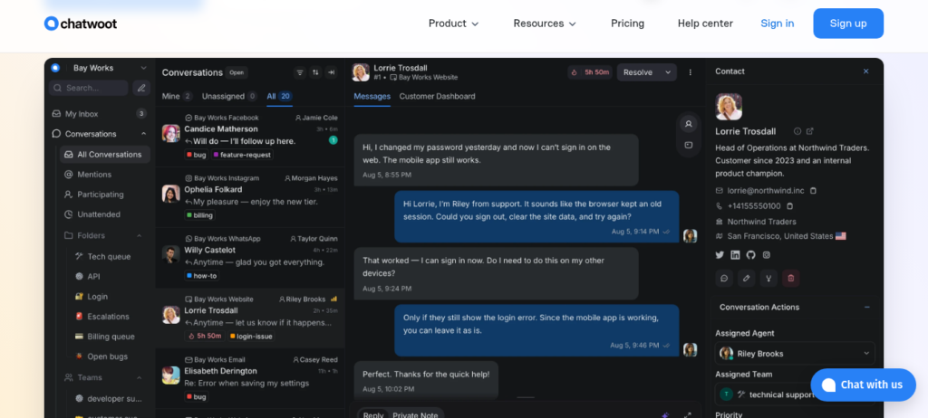 Chatwoot open-source customer support platform showing shared inbox, Captain AI assistant, and omnichannel messaging dashboard