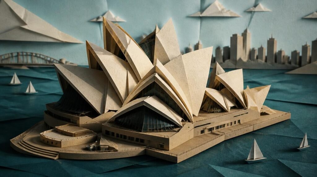 Aerial view of the sydney opera theatre rendered in paper fold motion style