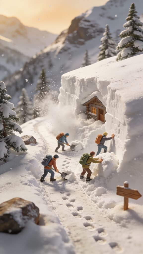 Tiny stylised 3D figurine mountain hikers