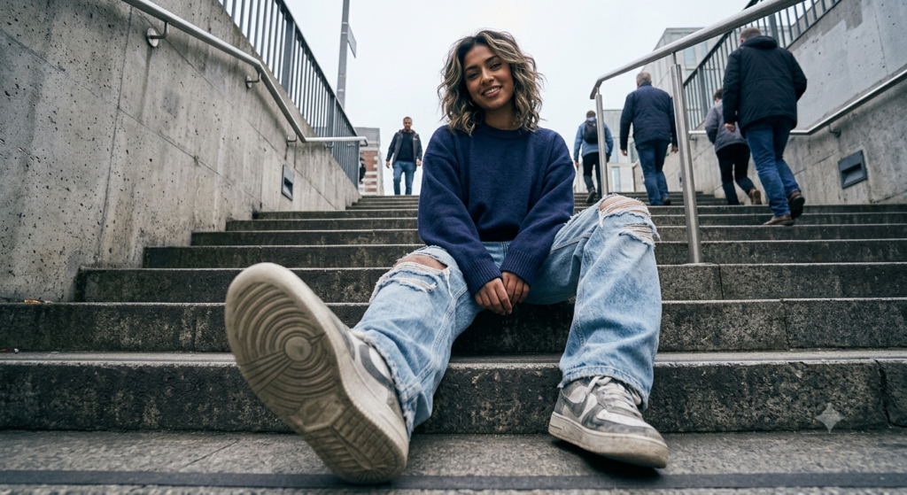 Aggressive low-angle wide-angle perspective street portrait