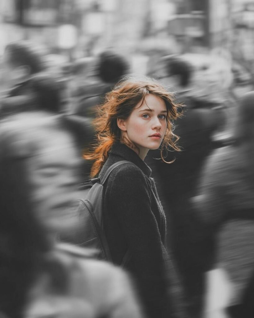 A cinematic street portrait of a young woman walking through a crowded city
