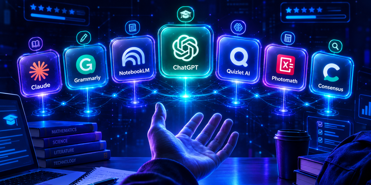 Futuristic AI education scene featuring Claude, Grammarly, NotebookLM, ChatGPT, Quizlet AI, Photomath, and Consensus as glowing holographic tools above a student’s desk, surrounded by books, a laptop, and digital learning interfaces.