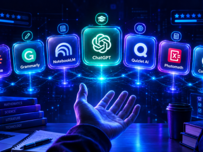 Futuristic AI education scene featuring Claude, Grammarly, NotebookLM, ChatGPT, Quizlet AI, Photomath, and Consensus as glowing holographic tools above a student’s desk, surrounded by books, a laptop, and digital learning interfaces.