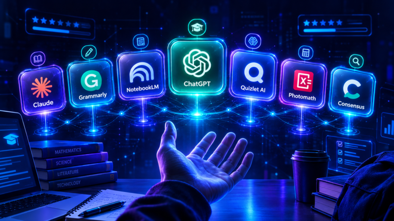 Futuristic AI education scene featuring Claude, Grammarly, NotebookLM, ChatGPT, Quizlet AI, Photomath, and Consensus as glowing holographic tools above a student’s desk, surrounded by books, a laptop, and digital learning interfaces.