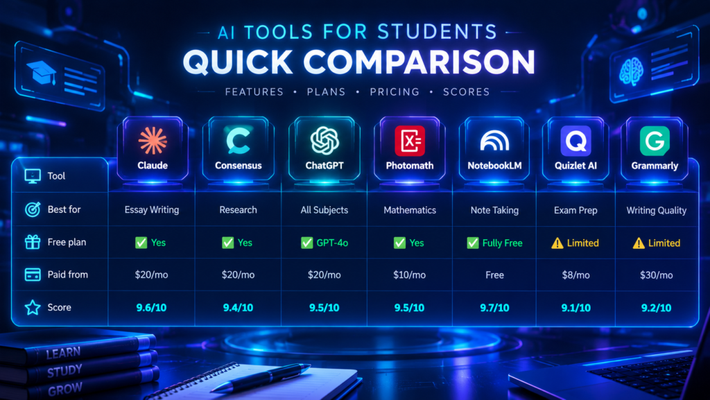 Neon AI Tools Comparison Dashboard, AI education scene featuring Claude, Grammarly, NotebookLM, ChatGPT, Quizlet AI, Photomath, and Consensus as glowing holographic tools above a studentβs desk, surrounded by books, a laptop, and digital learning interfaces.
