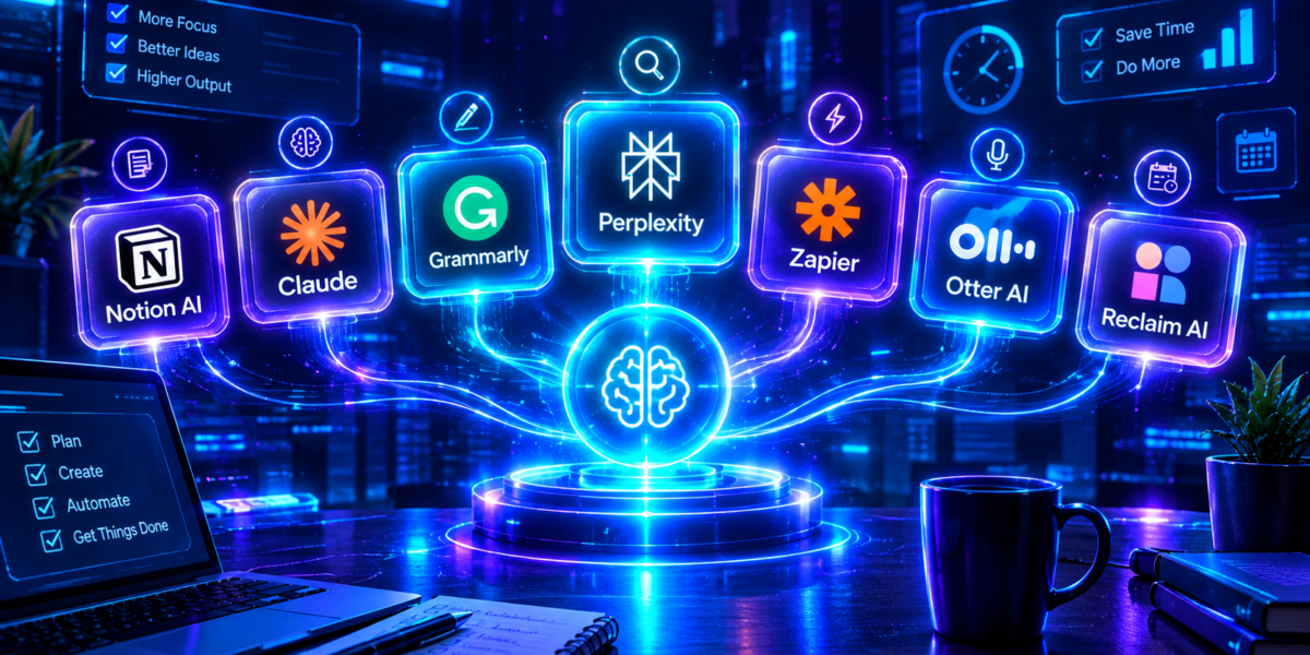 best Top AI Productivity Tools to Save Time in 2026, notion ai , claude, grammarly, perplexity, zapier, otter ai , reclaim ai